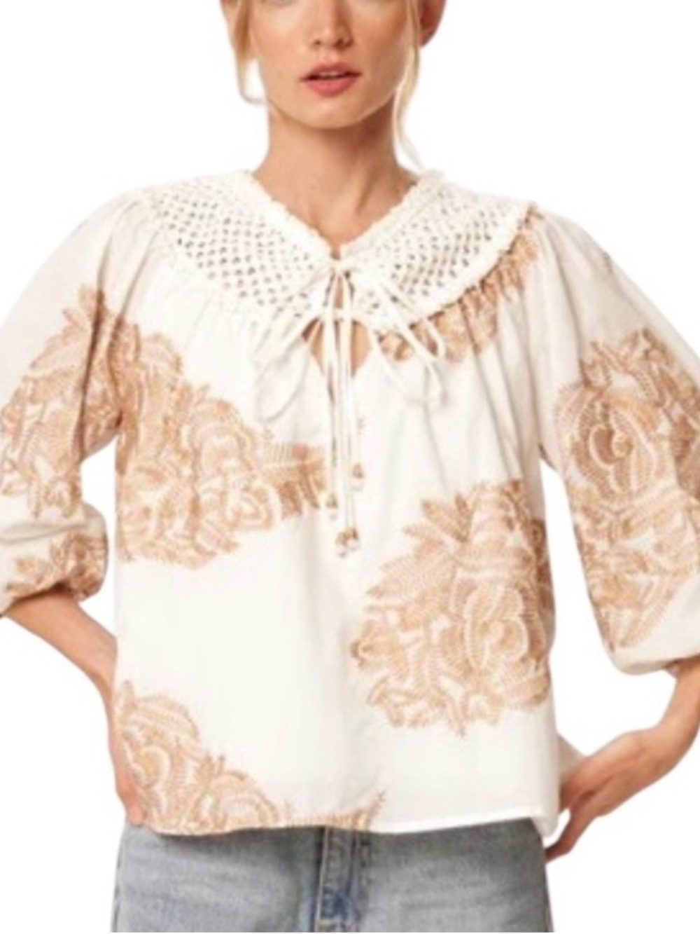Ciebon Cream Boho Top with Brown Fern Embroidery and Crochet Collar - Picture 1 of 7